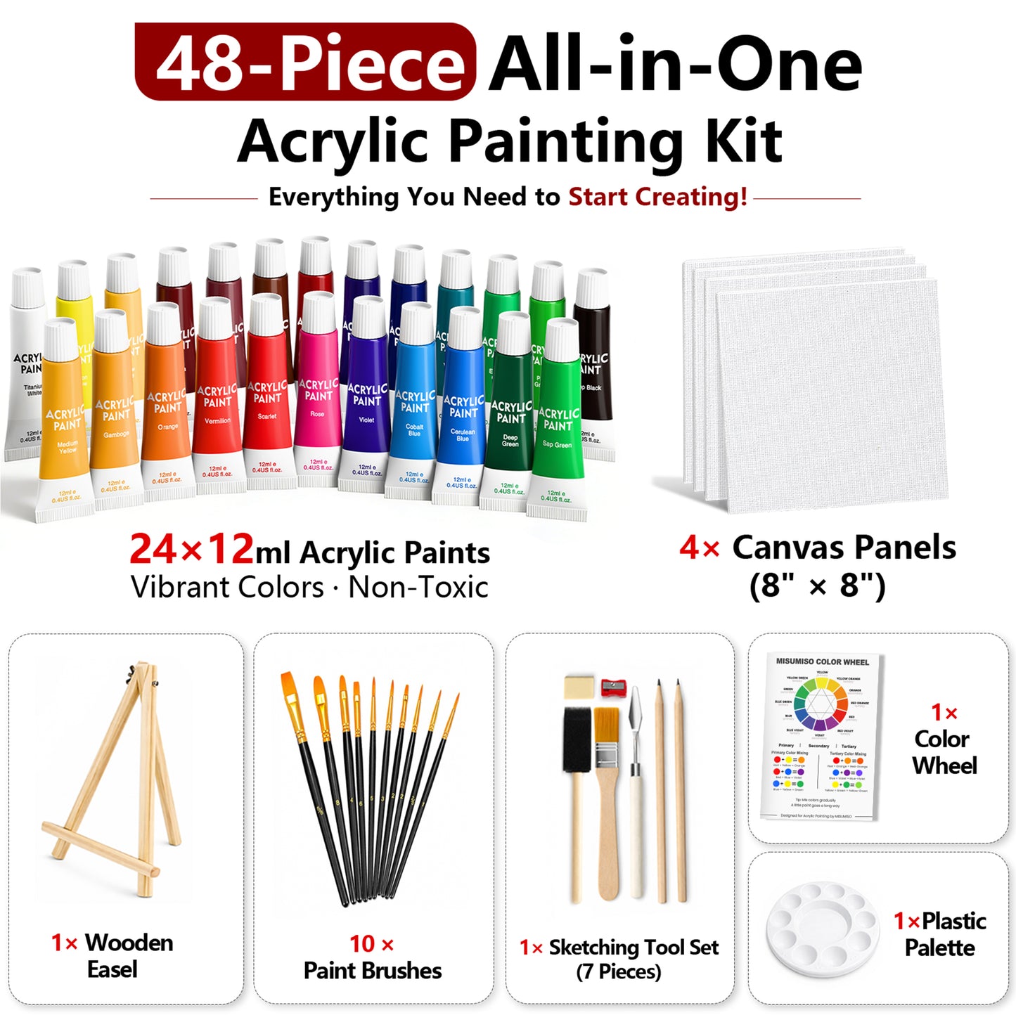 MISUMISO 48-Piece Acrylic Paint Set – 24 Colors Beginner  Kit with Canvas Panels, Easel & Brushes