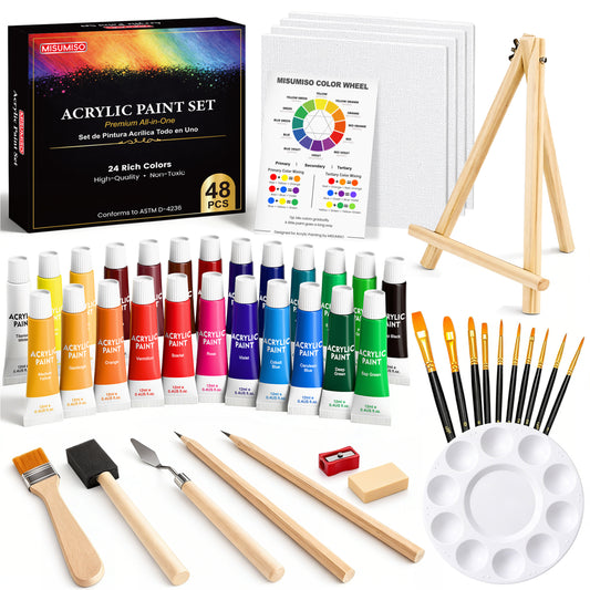 MISUMISO 48-Piece Acrylic Paint Set – 24 Colors Beginner  Kit with Canvas Panels, Easel & Brushes