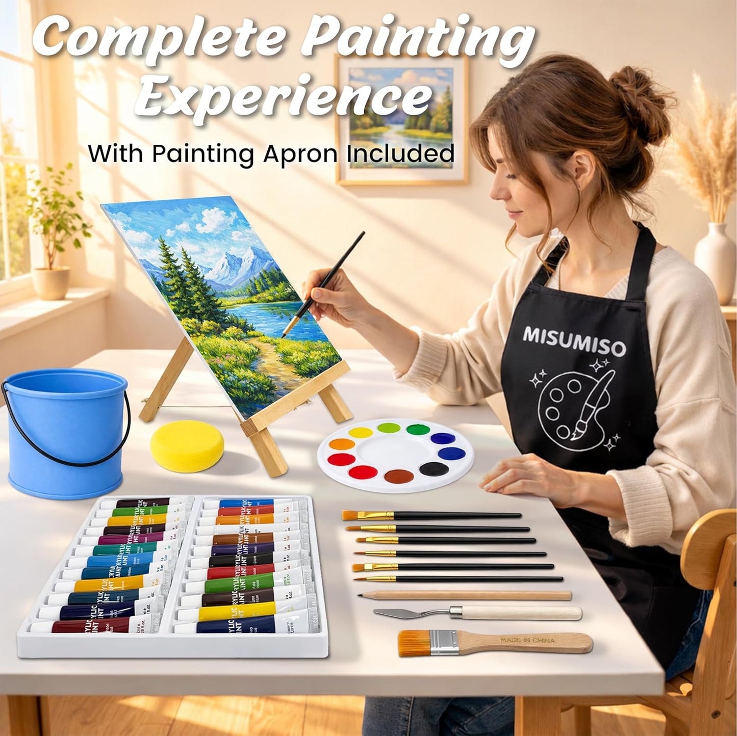 MISUMISO 53-Piece Acrylic Paint Set for Beginners –  24 Colors Kit with Canvas Panels, Easel, Brushes & Apron