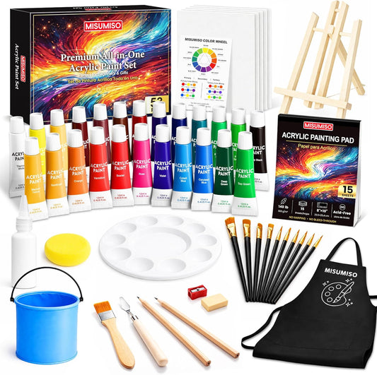 MISUMISO 53-Piece Acrylic Paint Set for Beginners –  24 Colors Kit with Canvas Panels, Easel, Brushes & Apron