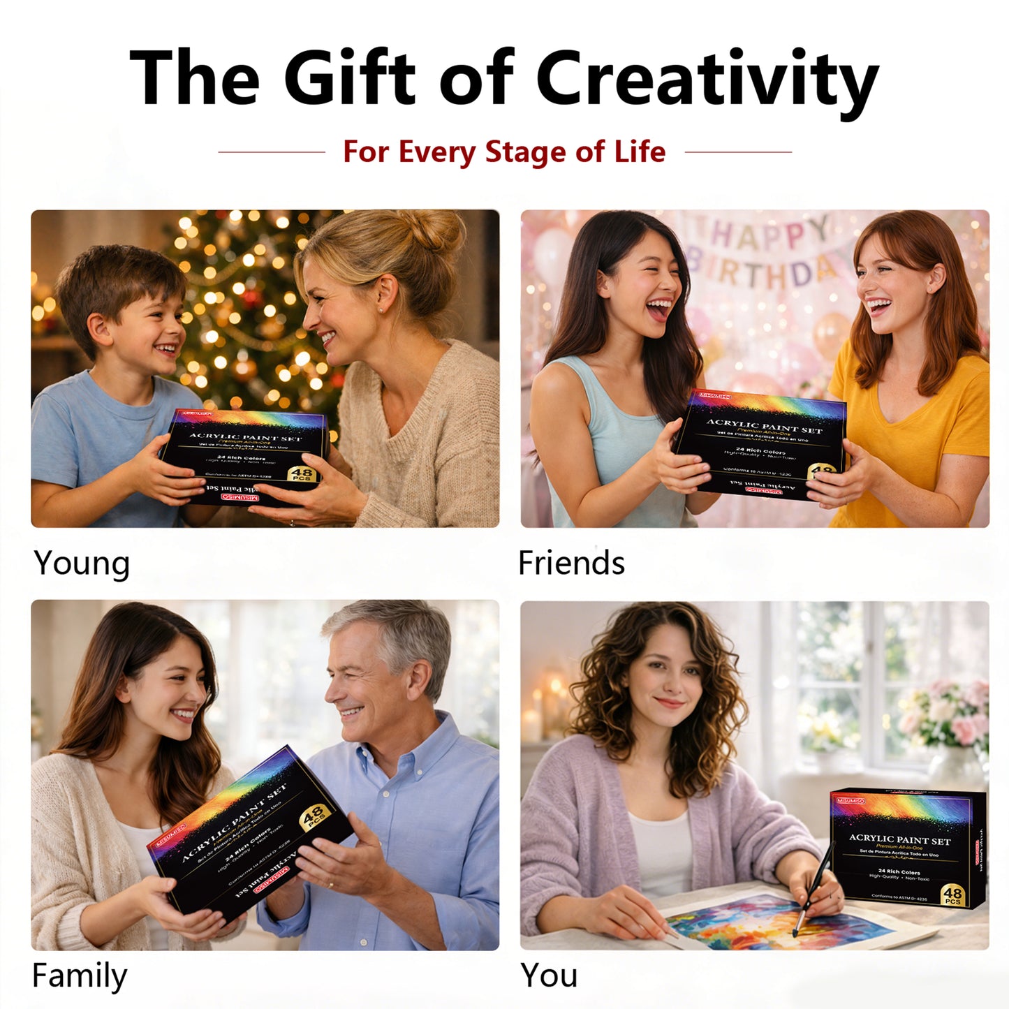 MISUMISO 48-Piece Acrylic Paint Set – 24 Colors Beginner  Kit with Canvas Panels, Easel & Brushes