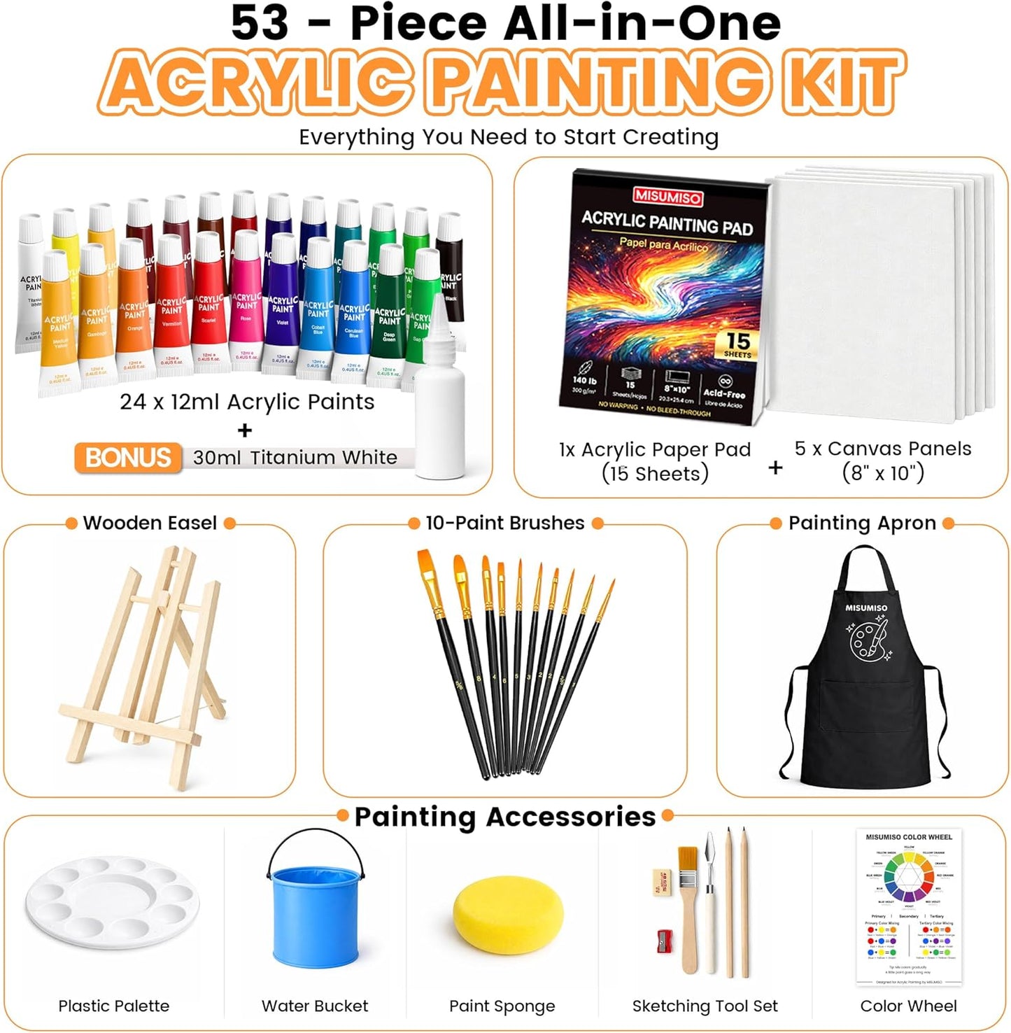 MISUMISO 53-Piece Acrylic Paint Set for Beginners –  24 Colors Kit with Canvas Panels, Easel, Brushes & Apron