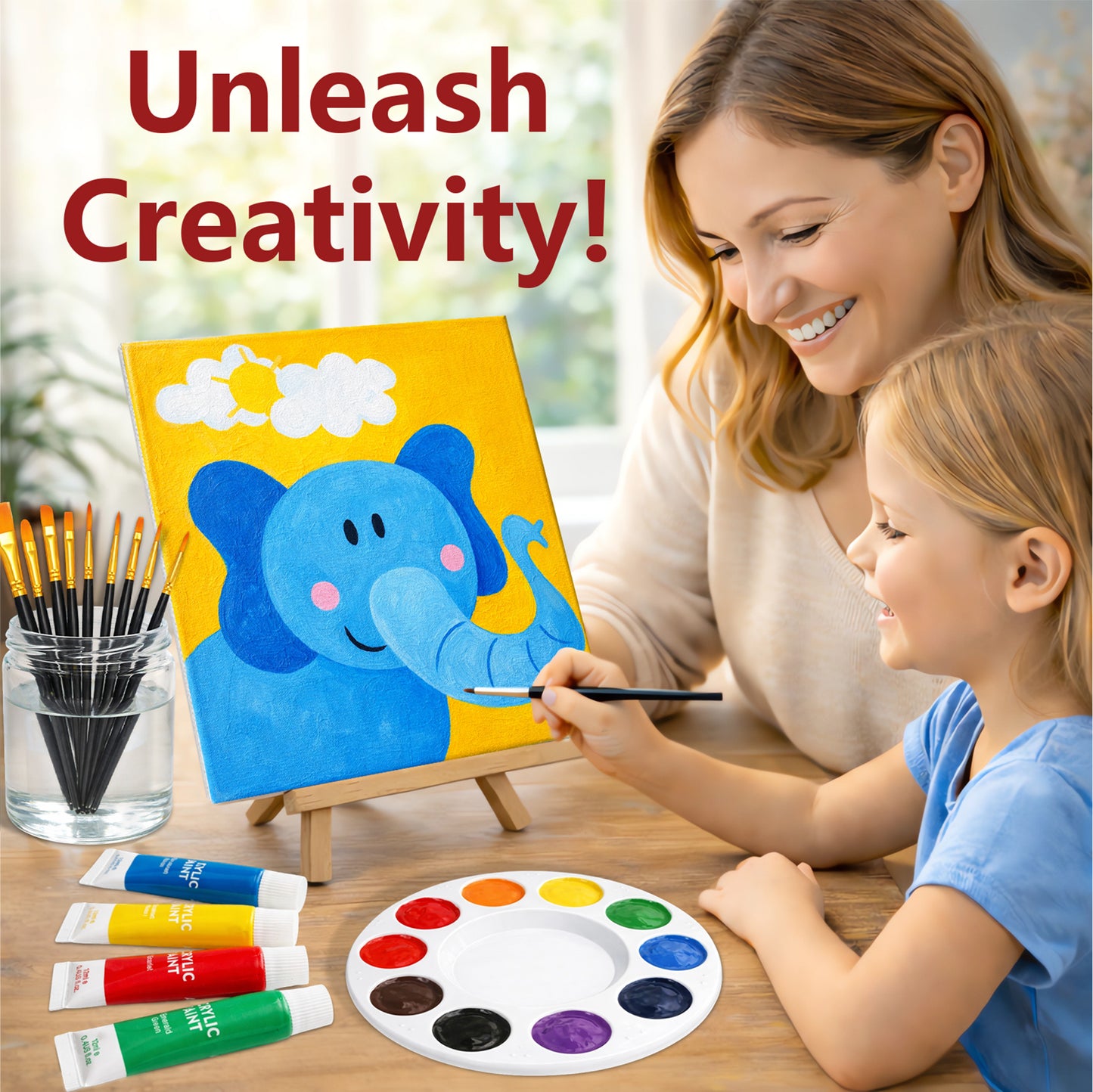 MISUMISO 48-Piece Acrylic Paint Set – 24 Colors Beginner  Kit with Canvas Panels, Easel & Brushes