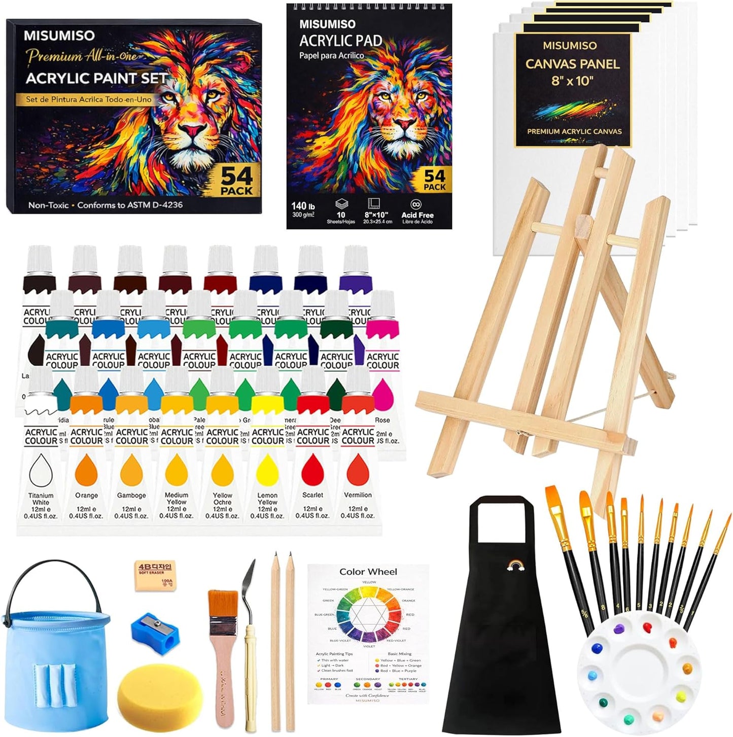 MISUMISO Acrylic Paint Set, 24 Colors Painting Supplies Kit with 5 Canvas Panels, 10 Brushes, Wooden Easel, Palette & Paint Knives, Premium Art Set for Beginners, Students & Artists