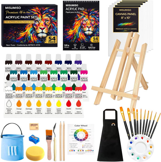 MISUMISO Acrylic Paint Set, 24 Colors Painting Supplies Kit with 5 Canvas Panels, 10 Brushes, Wooden Easel, Palette & Paint Knives, Premium Art Set for Beginners, Students & Artists